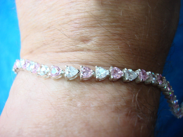Sterling Silver Heart Bracelet - Pink & Clear CZ Stones, Size 8