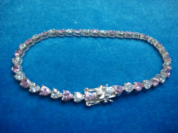 Sterling Silver Heart Bracelet - Pink & Clear CZ Stones, Size 8