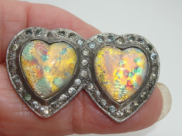 Vintage 1930s-40s Foiled Glass Hearts Rhinestone Pin | Silver Tone Charm