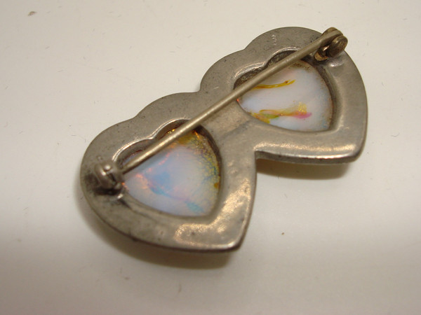 Vintage 1930s-40s Foiled Glass Hearts Rhinestone Pin | Silver Tone Charm