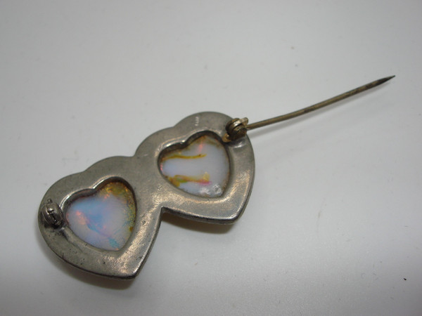 Vintage 1930s-40s Foiled Glass Hearts Rhinestone Pin | Silver Tone Charm