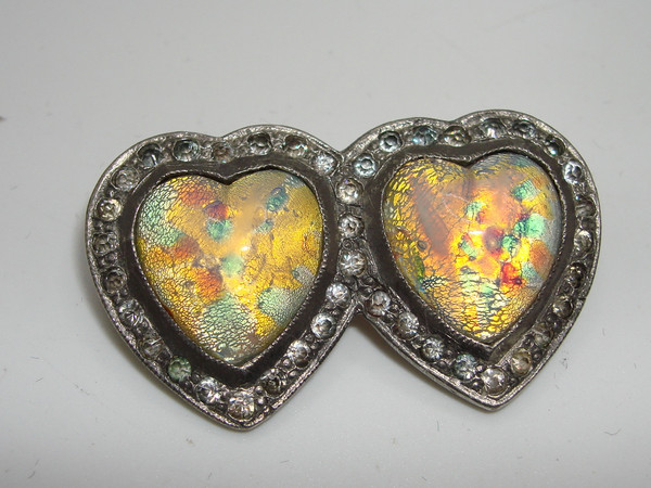Vintage 1930s-40s Foiled Glass Hearts Rhinestone Pin | Silver Tone Charm