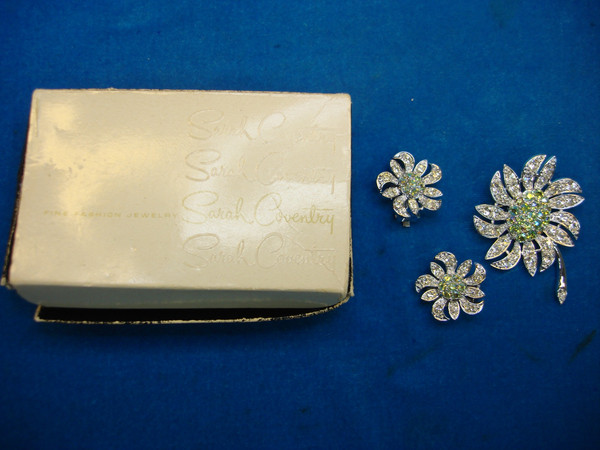 Vintage Sarah Coventry Pin & Earring Set (Sparkling Clear Stones) - Original Box, Unworn