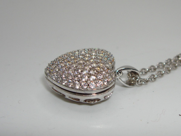 Sterling Silver Pave Diamond Heart Locket Necklace - 925 Sterling, Authentic & Sparkling