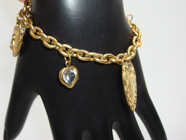 Vintage Gold Tone Puffy Heart Charm Bracelet - Unique Openwork Design