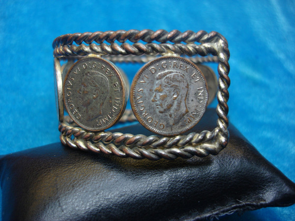 Vintage Copper & Silver Wash Penny Cuff Bracelet - King George VI Coins