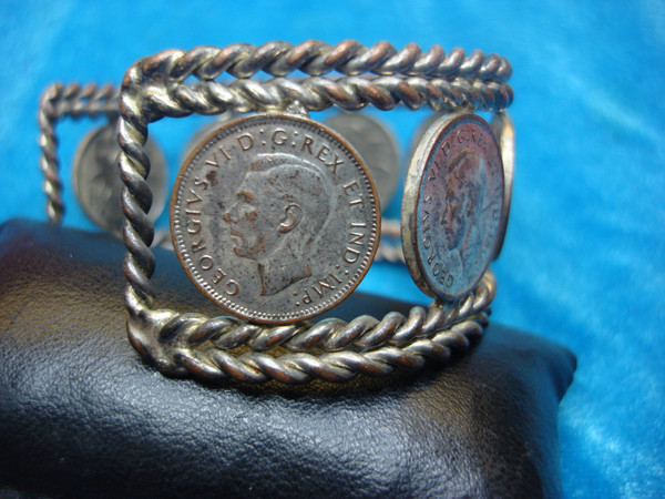 Vintage Copper & Silver Wash Penny Cuff Bracelet - King George VI Coins