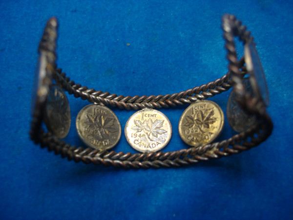 Vintage Copper & Silver Wash Penny Cuff Bracelet - King George VI Coins