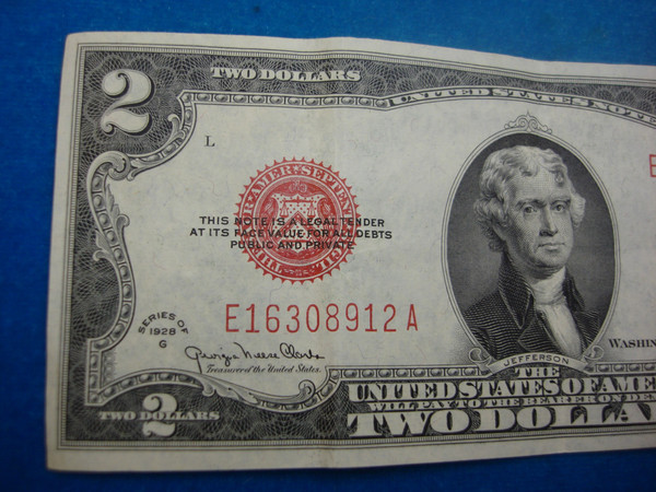 Rare 1928 Series G $2.00 US Note - Red Seal, Clarke & Snyder Signatures