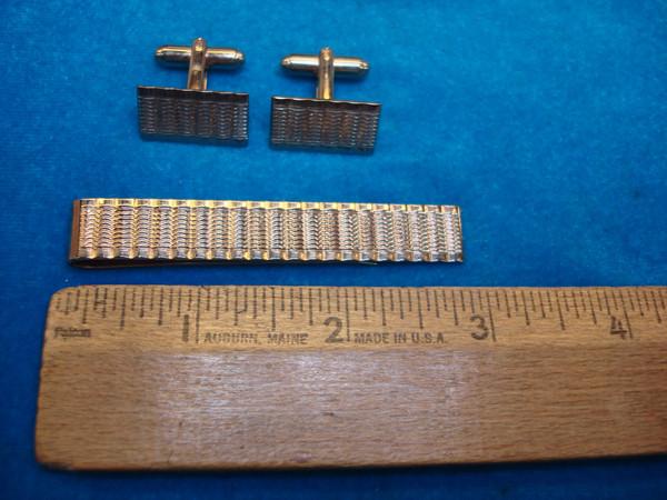 Vintage Gold Tone Cufflinks & Tie Clip Set by Shields Fifth Avenue - Estate Jewelry