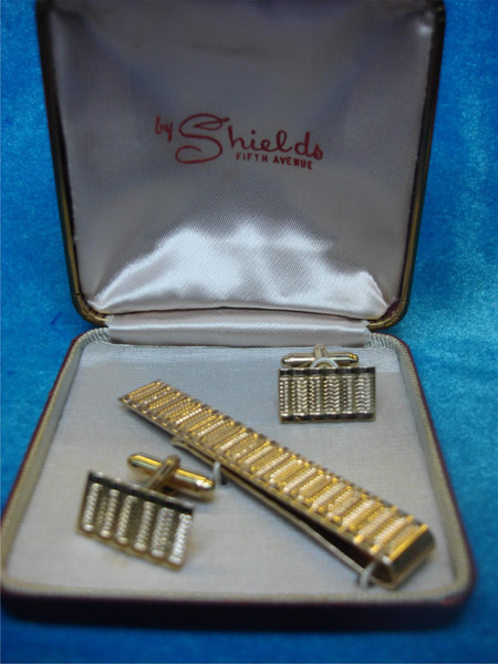Vintage Gold Tone Cufflinks & Tie Clip Set by Shields Fifth Avenue - Estate Jewelry