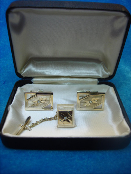 Vintage Gold-Tone Cufflinks & Tie Tac Set with Simulated Diamonds - Brand New