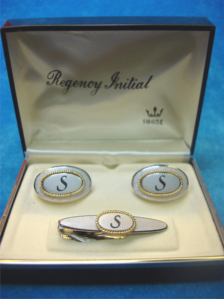 Vintage Swank Silver-Toned'S' Initial Cufflinks & Tie Clip Set - New in Box #63
