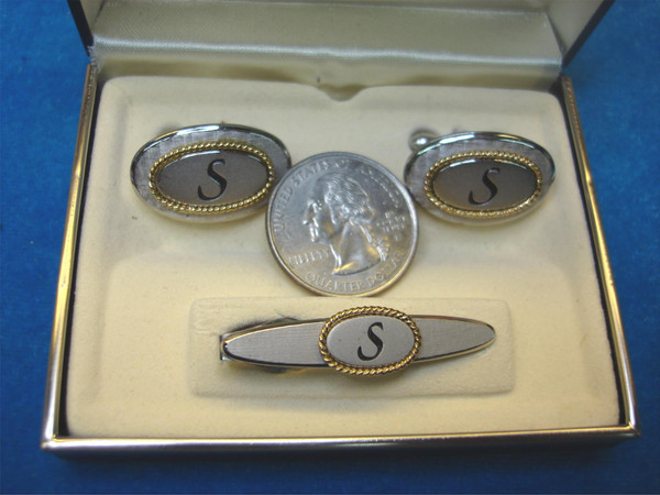 Vintage Swank Silver-Toned'S' Initial Cufflinks & Tie Clip Set - New in Box #63