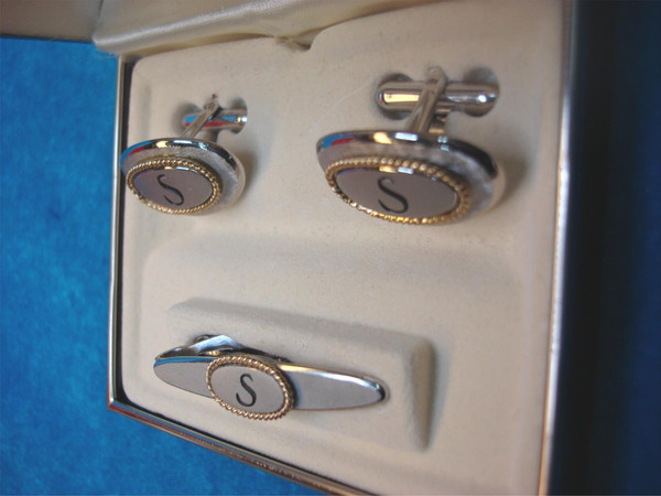 Vintage Swank Silver-Toned'S' Initial Cufflinks & Tie Clip Set - New in Box #63
