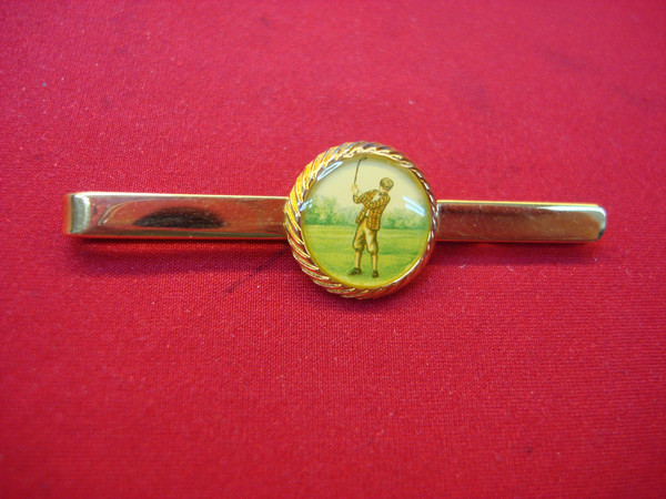 Vintage Golf Tie Clip - Gold Tone Metal, Red Stone Accent (2 1/2