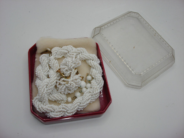 Vintage 1940s Micro Seed Bead Choker Necklace & Earrings Set - Original Box