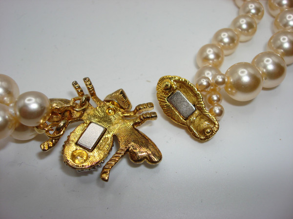 Vintage Joan Rivers Double Strand Pearl & Rhinestone Bee Clasp Necklace - Estate Find