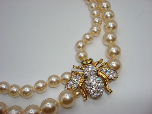 Vintage Joan Rivers Double Strand Pearl & Rhinestone Bee Clasp Necklace - Estate Find