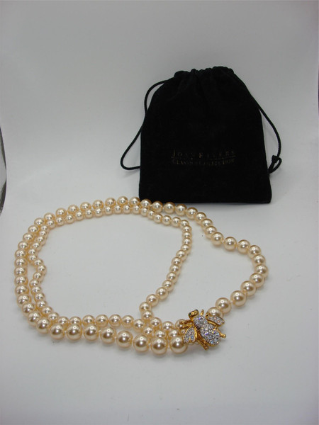 Vintage Joan Rivers Double Strand Pearl & Rhinestone Bee Clasp Necklace - Estate Find