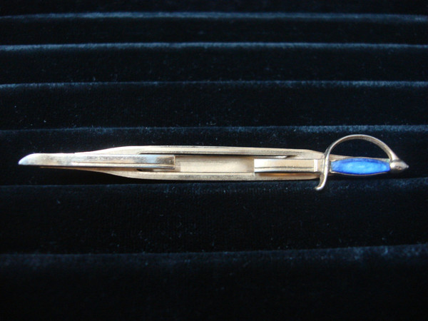 Vintage Swank Gold-Tone Sword Tie Bar Clip with Blue Stone - Excellent Condition