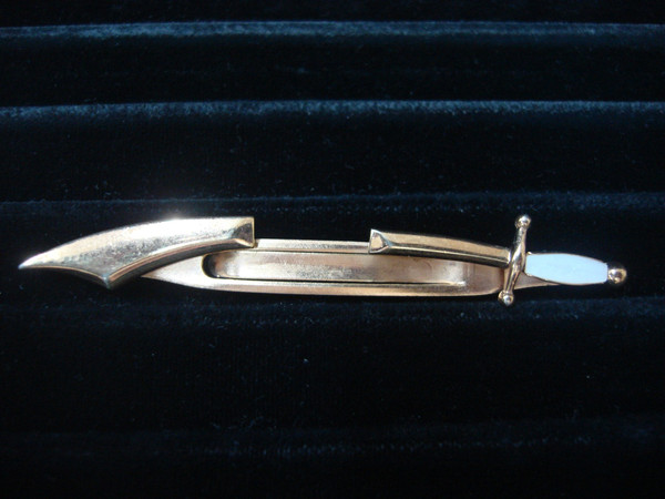 Vintage Swank Gold-Tone Sword Tie Bar Clip w/ White Stone - Excellent Condition
