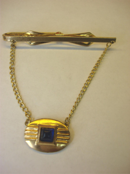 Vintage Blue Stone Tie Clip with Dangle & Chain - Unique Bar Design #84