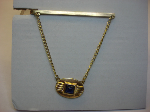 Vintage Blue Stone Tie Clip with Dangle & Chain - Unique Bar Design #84