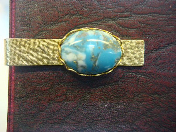 Vintage Gold Tone Tie Clip with Blue Turquoise Stone - 1 5/8
