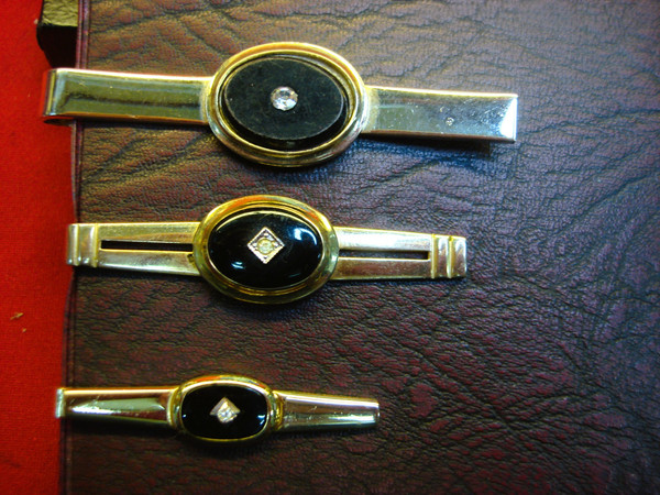 Vintage Gold Tone Tie Clips Set of 3 with Onyx & Simulated Diamonds