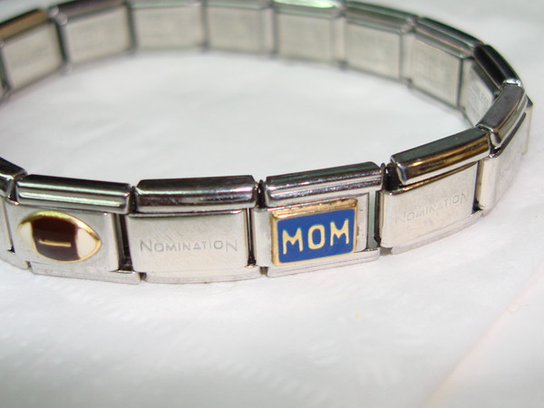 Personalized Nomination Stainless Steel Charm Bracelet - 'MOM' & 'DM' with Football & Baseball Charms
