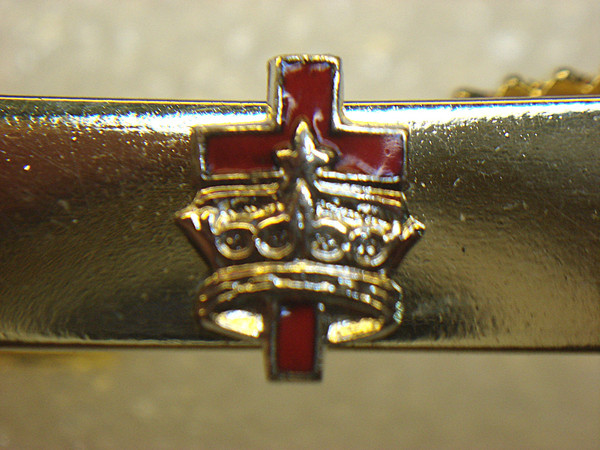 Vintage Gold Tone Tie Clip with Red Enamel Cross & Silver Crown - Statement Accessory