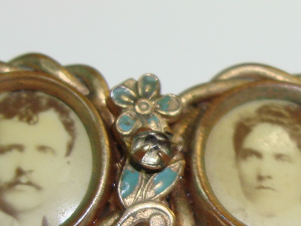 Antique Victorian Mourning Brooch, 1880s Double Photo, Forget-Me-Not Design