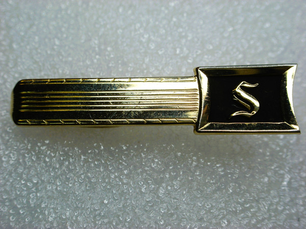 Vintage Gold Tone Tie Clip - Initial 'S' with Black Enamel - Mid-Century Style Gift