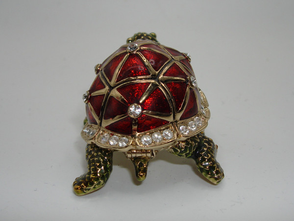 Red & Gold Enameled Turtle Trinket Box with Cubic Zirconia - Vintage Jewelry Box