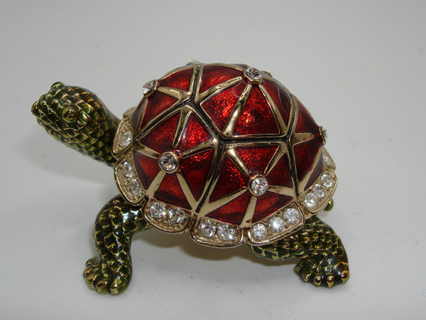 Red & Gold Enameled Turtle Trinket Box with Cubic Zirconia - Vintage Jewelry Box
