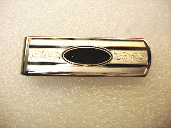 Vintage Gold Tone Money Clip with Slate Blue Insert - Solid, Engraved 1 Inch