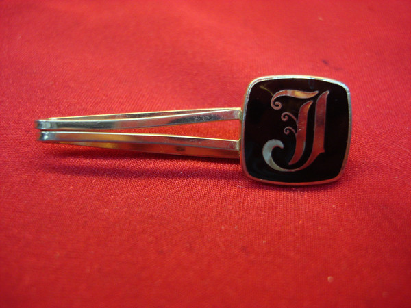 Vintage Gold Tone Tie Clip with'J' Design & Black Enamel - Unique Men's Gift #190
