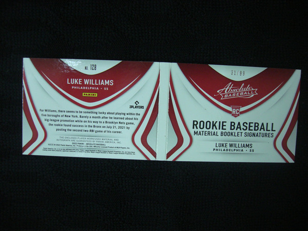 2022 Panini Absolute Rookie Luke Williams Auto / Patch Booklet Signature #31/99 - Philadelphia Phillies