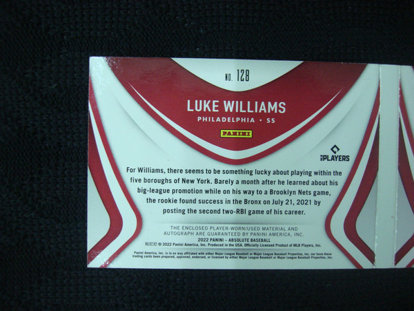 2022 Panini Absolute Rookie Luke Williams Auto / Patch Booklet Signature #31/99 - Philadelphia Phillies