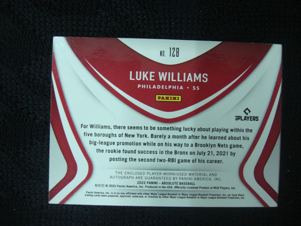 2022 Panini Absolute Rookie Luke Williams Auto / Patch Booklet Signature #31/99 - Philadelphia Phillies