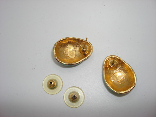 Vintage Gay Boyer Enamel Beetle Earrings - Gold Tone & Crystal Eyes