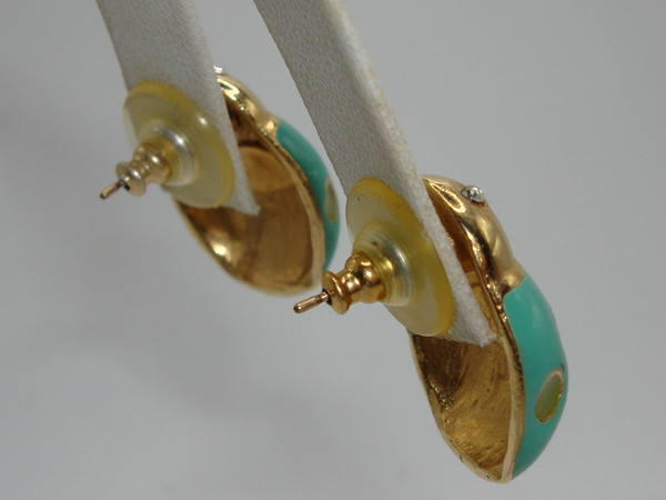 Vintage Gay Boyer Enamel Beetle Earrings - Gold Tone & Crystal Eyes