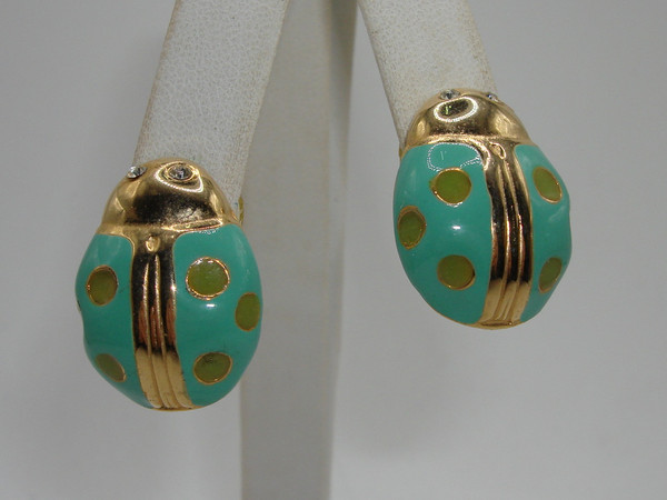 Vintage Gay Boyer Enamel Beetle Earrings - Gold Tone & Crystal Eyes