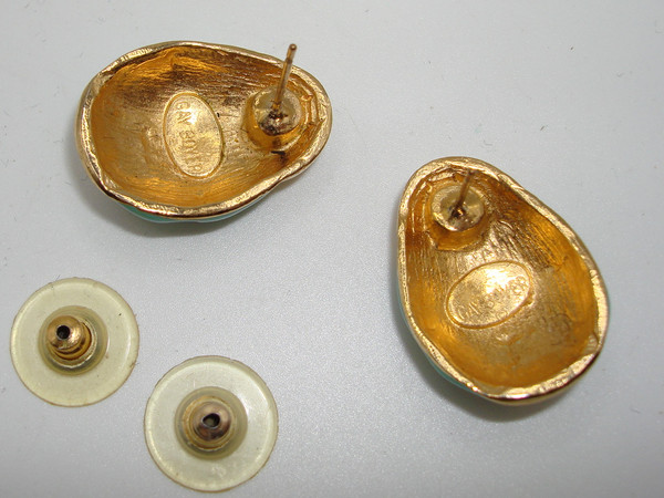 Vintage Gay Boyer Enamel Beetle Earrings - Gold Tone & Crystal Eyes