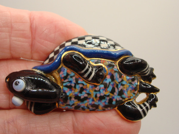 Vintage Enamel Turtle Brooch Pin Signed'JEWELRY 10' - Artisan Crafted, Glass Eyes, Gold Accents