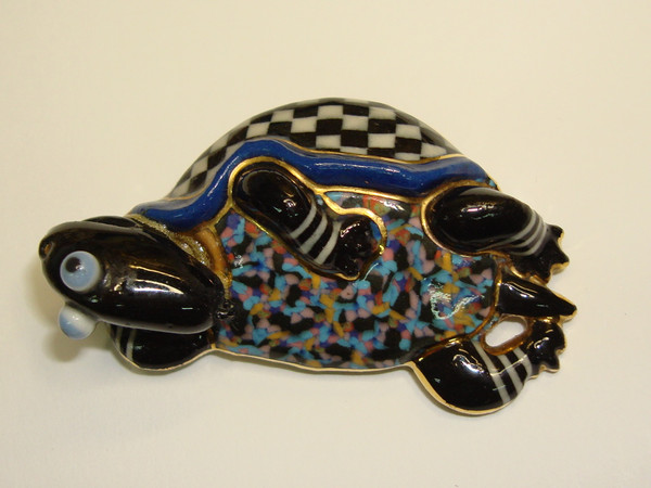 Vintage Enamel Turtle Brooch Pin Signed'JEWELRY 10' - Artisan Crafted, Glass Eyes, Gold Accents