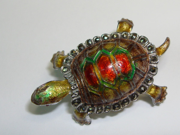 Vintage 1940s Alice Caviness Sterling Silver Turtle Brooch w/ Marcasites & Rhinestones