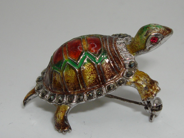 Vintage 1940s Alice Caviness Sterling Silver Turtle Brooch w/ Marcasites & Rhinestones