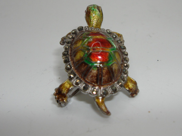 Vintage 1940s Alice Caviness Sterling Silver Turtle Brooch w/ Marcasites & Rhinestones
